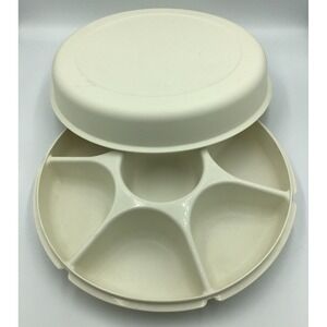 Vintage Tupperware Serving Center Tray Almond 1665-1 with Lid Veggie/Dip/Crudite